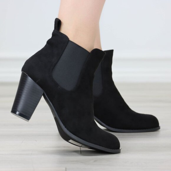 Womens Ankle Boots High Heel Black Elastic Gore Synthetic Suede Round Toe - Picture 9 of 10